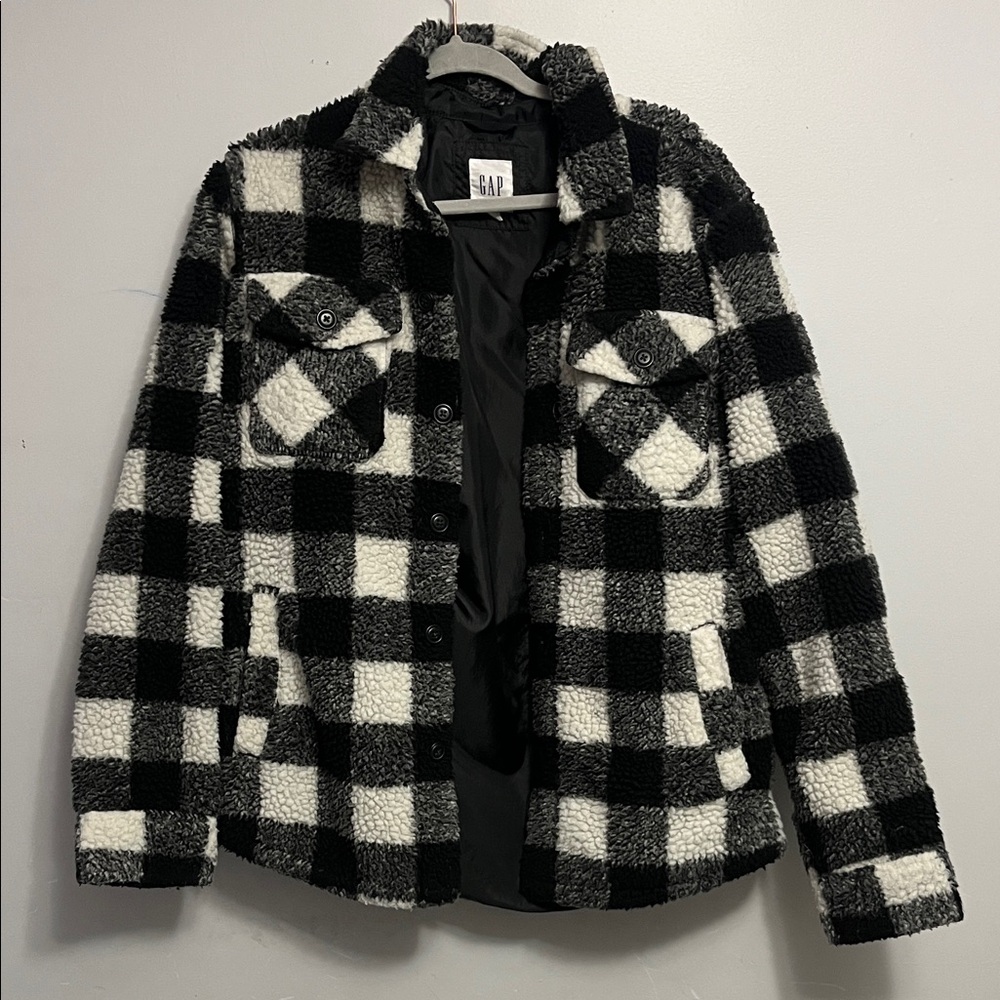 GAP Black and White Checkered Sherpa Jacket